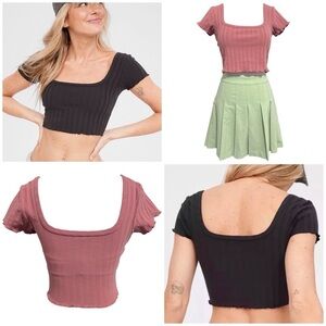 OFFLINE By Aerie OG Groove Square Neck Short Sleeve Lettuce Edge Crop Top Medium